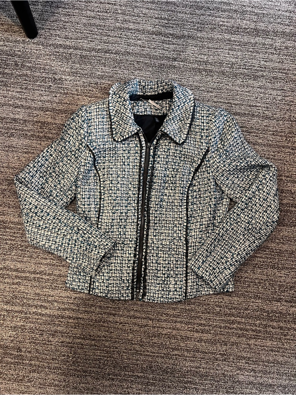 White House Black Market Black & White and Turquoise Tweed Zip Jacket